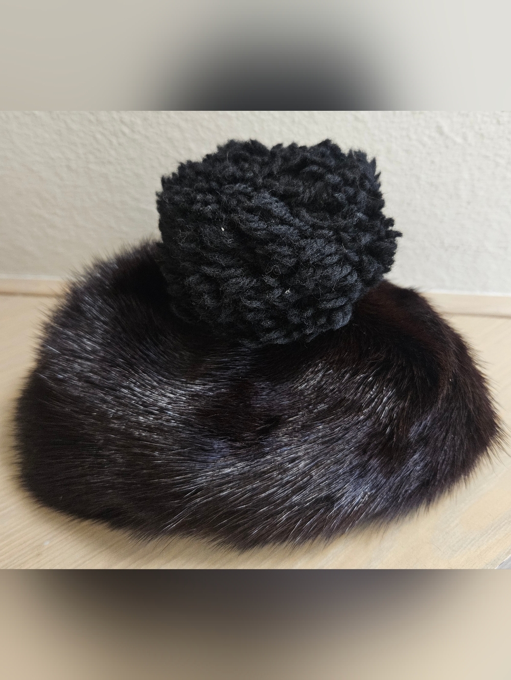 Vintage Amrose New York Dark Brown Fur Mink? Beret Hat with Pom Accent